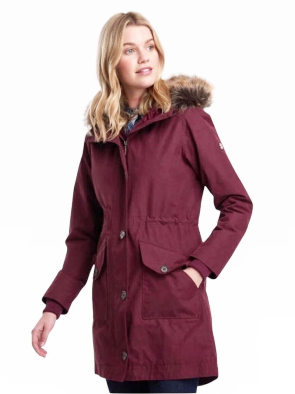 Barbour Women's Tellin Waterproof Parka Removable Faux Fur Trim Burgundy Sz US 8
